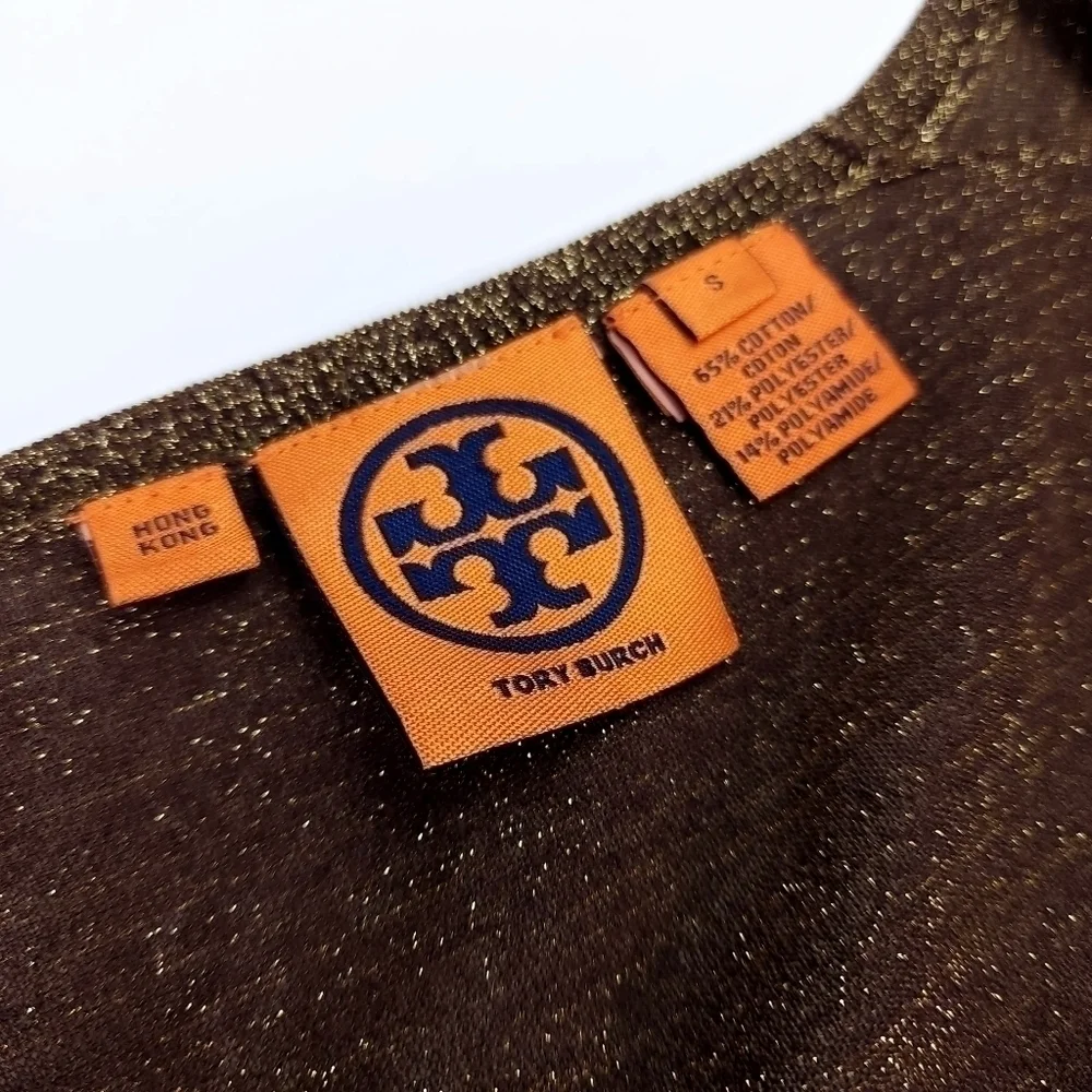 Tory Burch Brown Gold Shimmer Thin Sweater Sz S - Picture 6 of 13